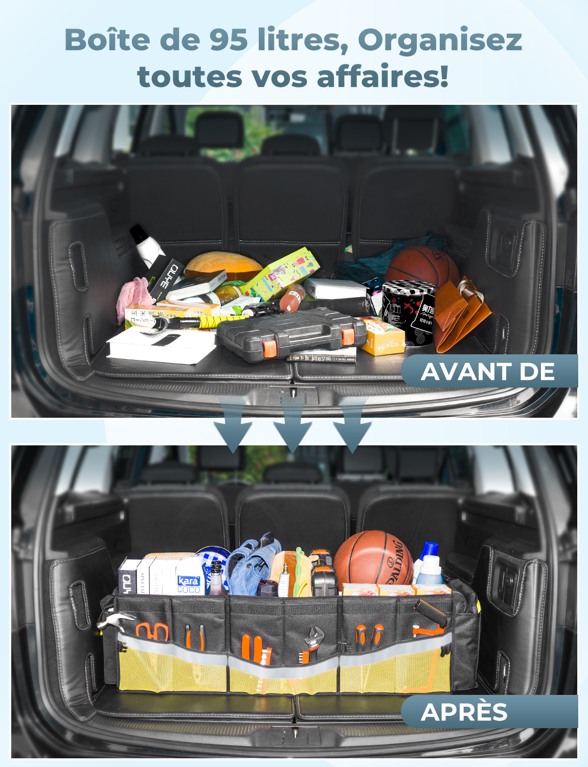 Oasser Rangement Coffre de Voiture Organisateur Coffre Voiture 95L en 600D  Support 50KG Etanche Multi-compartiments Pliable avec Sac Isotherme et  Couvercle Pliable pour Voiture SUV Camion – Oasser