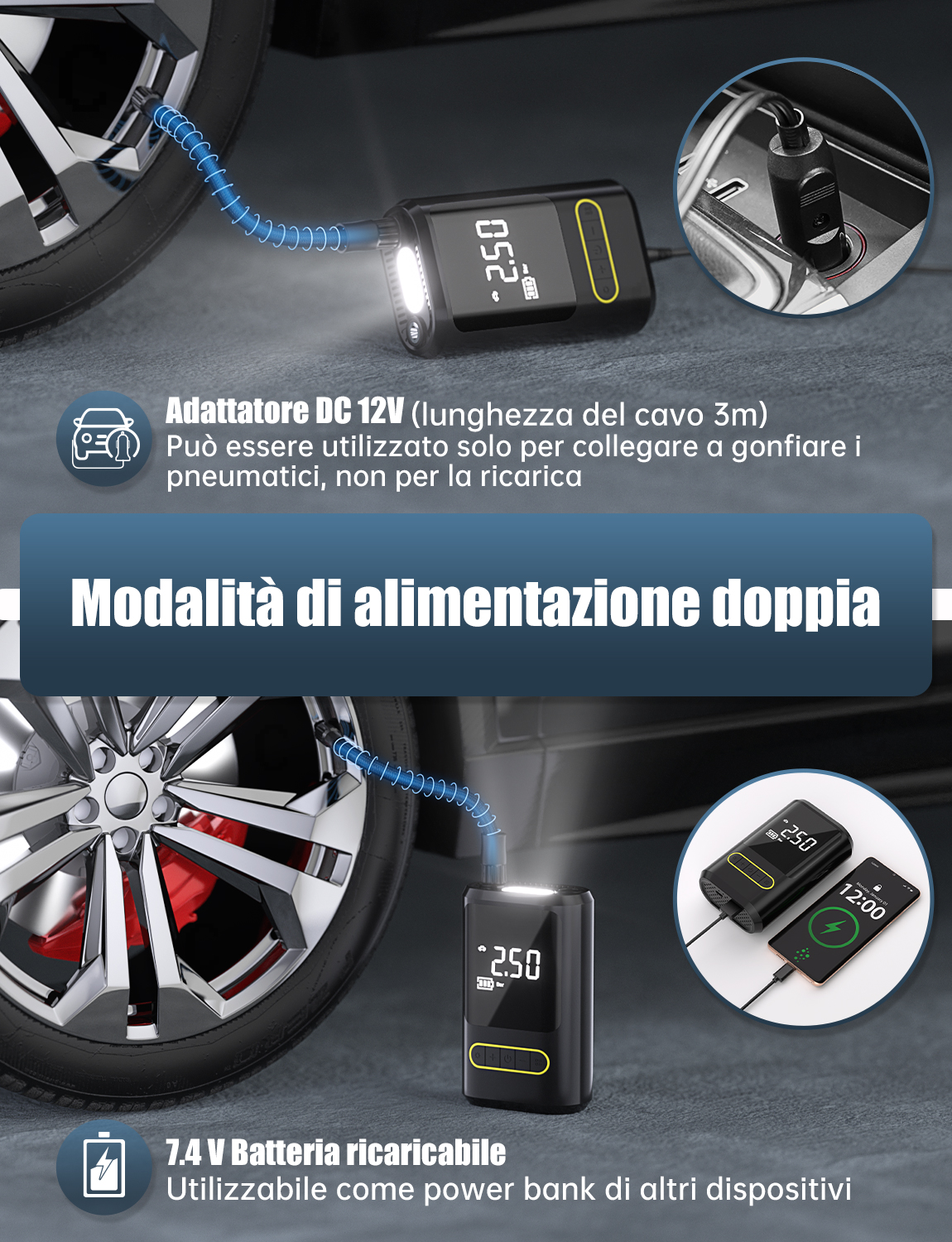 Compressore d'aria con display digitale, senza fili, per auto, bicicletta, pompa d'aria